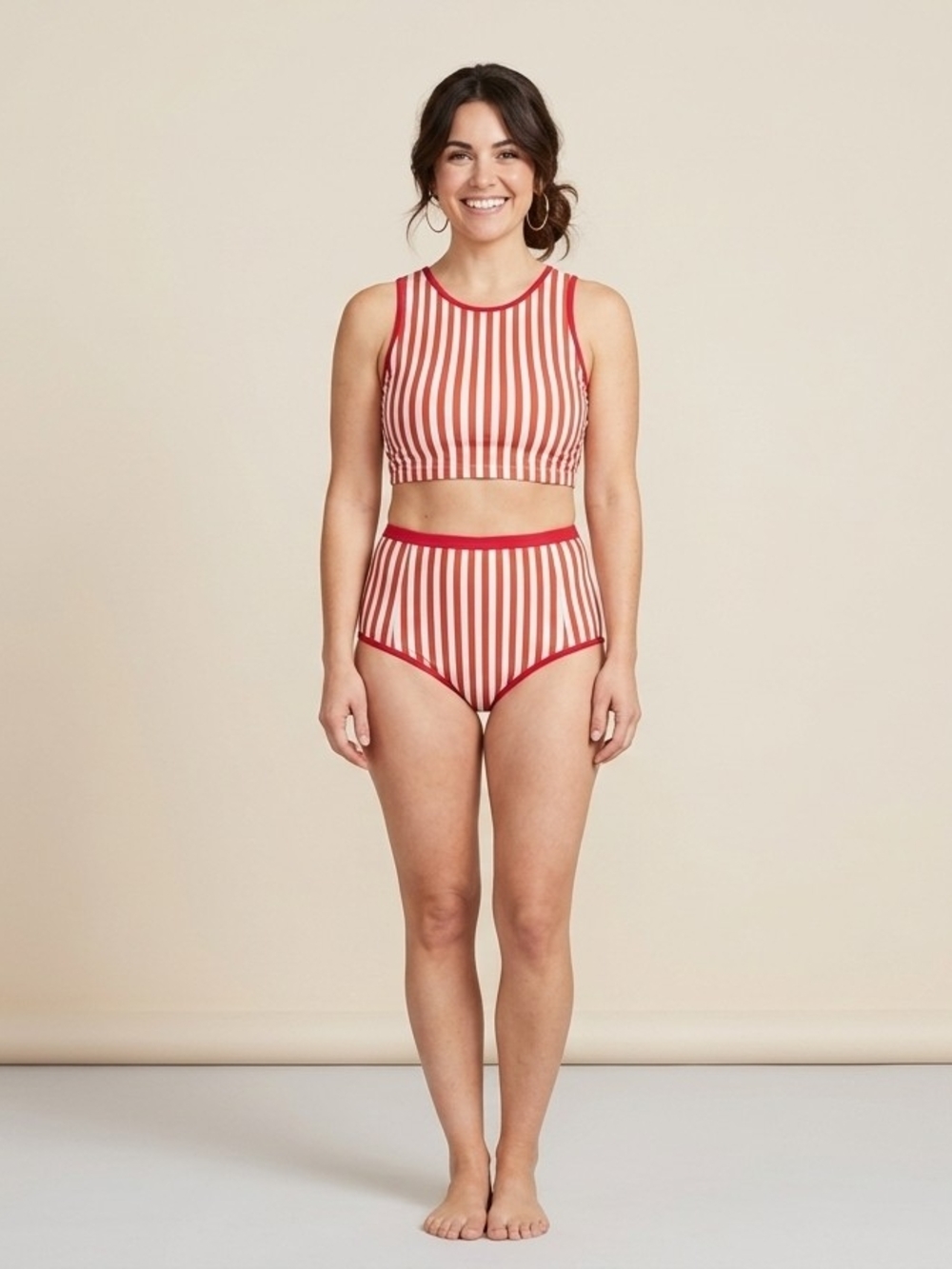 Striped High-Waist Bikini Set in Red and Cream
